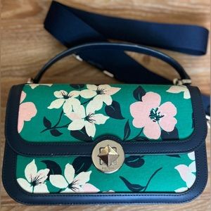 Kate Spade Lily Blooms Printed Canvas Flap Top Handle Satchel Crossbody Green